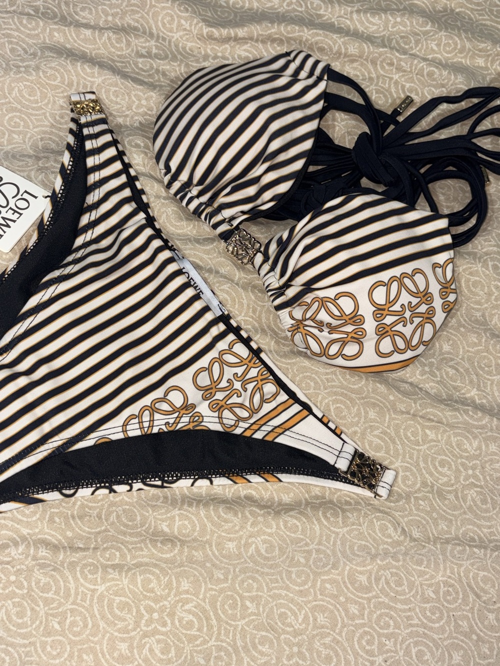 Loewe Black White Striped Bikini with Gold Logo Accents